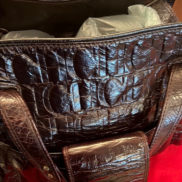 Carolina Herrera chocolate Brown Leather Bag monogram purse tote - Picture 3 of 10